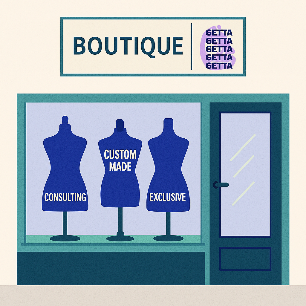 Illustratie van een boutique etalage die de aanpak van boutique consultancy bij GETTA® visualiseert, met focus op maatwerk en exclusiviteit.
